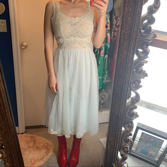 Vintage 60s Ice blue skirt lace bodice slip dress - Picture 1 of 13